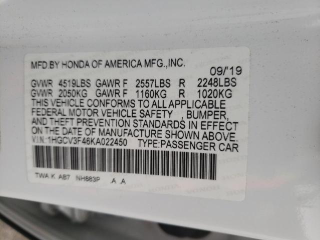 1HGCV3F46KA022450 - 2019 HONDA ACCORD HYBRID EX WHITE photo 12