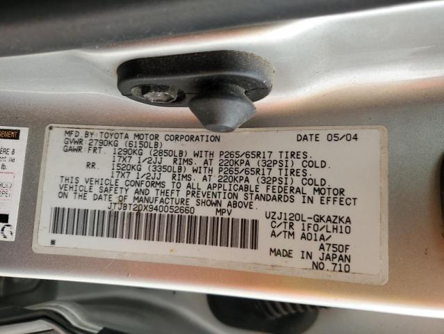 JTJBT20X940052660 - 2004 LEXUS GX 470 SILVER photo 12