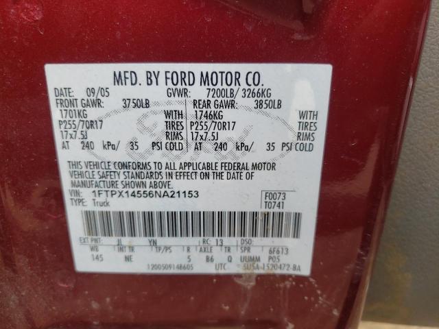 1FTPX14556NA21153 - 2006 FORD F150 MAROON photo 13