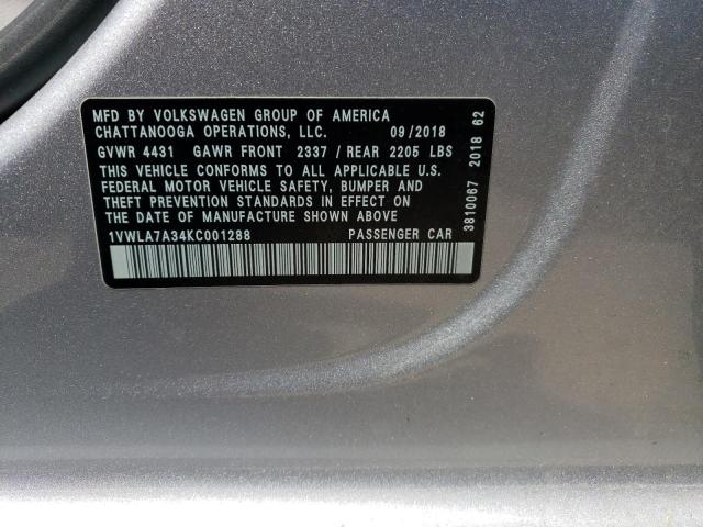 1VWLA7A34KC001288 - 2019 VOLKSWAGEN PASSAT WOLFSBURG SILVER photo 12