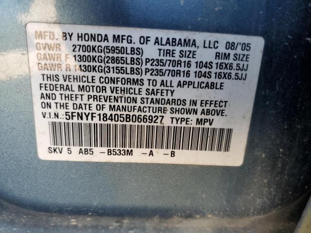 5FNYF18405B066927 - 2005 HONDA PILOT EX TEAL photo 13