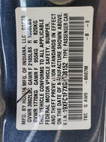 19XFC1F7XGE008152 - 2016 HONDA CIVIC EXL Grafit foto 12