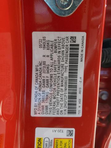 2HGFE2F51NH586030 - 2022 HONDA CIVIC SPORT 红色 照片 12