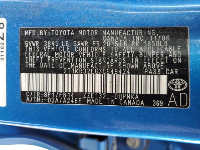 2T1KR32E67C649424 - 2007 TOYOTA COROLLA MA XR BLUE photo 12