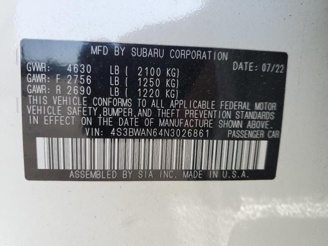 4S3BWAN64N3026861 - 2022 SUBARU LEGACY LIMITED WHITE photo 12