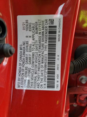 2HGFC2F89MH535373 - 2021 HONDA CIVIC SPORT 红色 照片 12