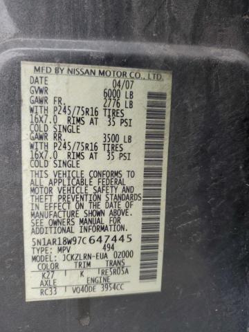 5N1AR18W97C647445 - 2007 NISSAN PATHFINDER LE Մոխրագույն լուսանկար 13