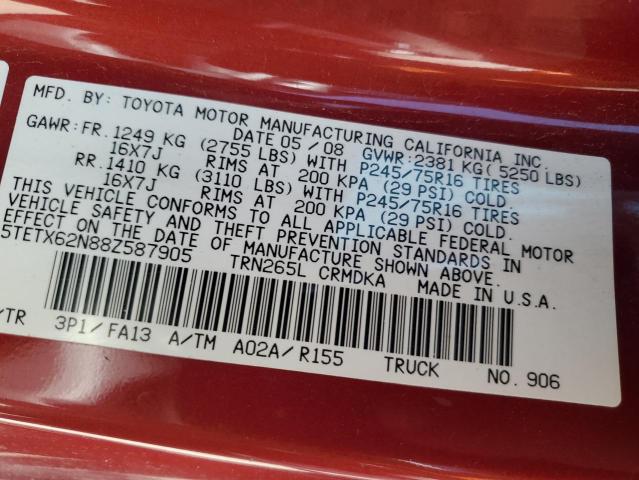 5TETX62N88Z587905 - 2008 TOYOTA TACOMA PRERUNNER ACCESS CAB RED photo 12