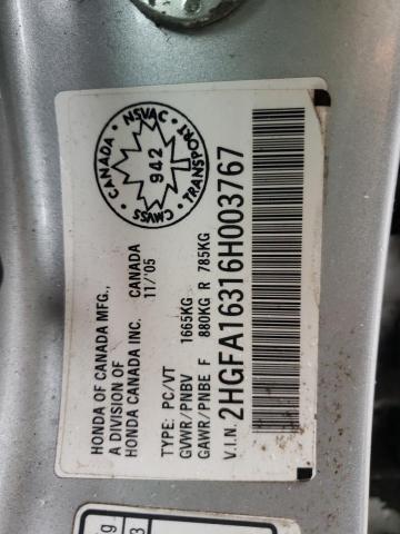 2HGFA16316H003767 - 2006 HONDA CIVIC DX VP SILVER photo 13