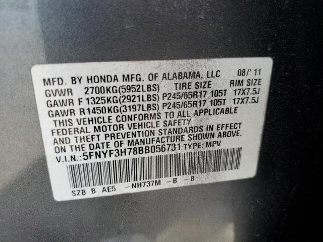 5FNYF3H78BB056731 - 2011 HONDA PILOT EXLN GRAY photo 13