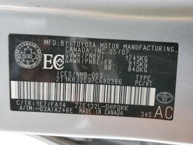 2T1KR32E37C680386 - 2007 TOYOTA COROLLA MA XR SILVER photo 12