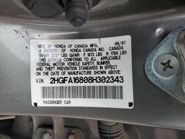 2HGFA16808H302343 - 2008 HONDA CIVIC EX GRAY photo 12