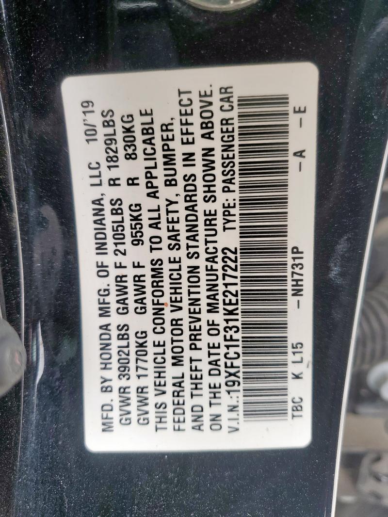 19XFC1F31KE217222 - 2019 HONDA CIVIC EX BLACK photo 13