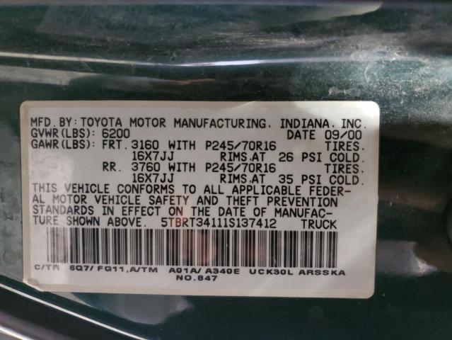 5TBRT34111S137412 - 2001 TOYOTA TUNDRA ACCESS CAB 绿色 照片 12