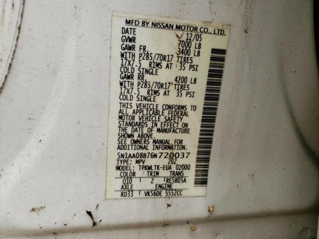 5N1AA08B76N720037 - 2006 NISSAN ARMADA SE WHITE photo 12