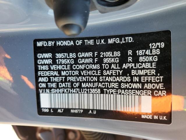 SHHFK7H47LU213858 - 2020 HONDA CIVIC SPORT 青色 照片 12