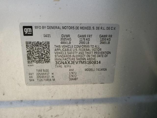 3GNAXJEV7MS160814 - 2021 CHEVROLET EQUINOX LT SILVER photo 13