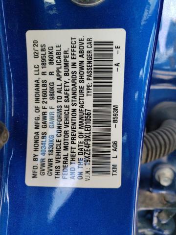 19XZE4F9XLE010567 - 2020 HONDA INSIGHT TOURING BLUE photo 13