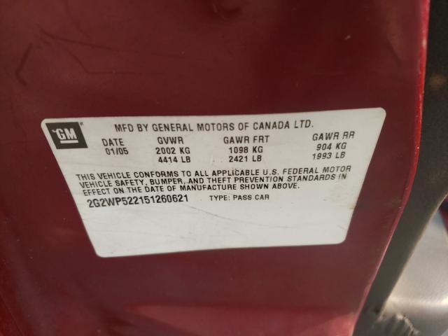 2G2WP522151260621 - 2005 PONTIAC GRAND PRIX 勃艮第红 照片 10
