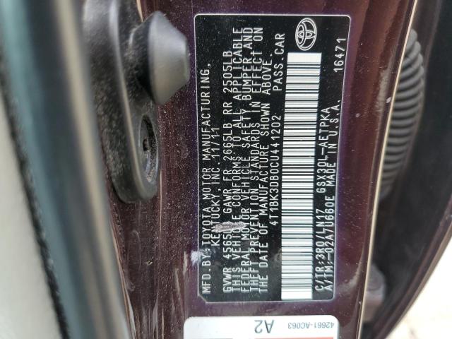 4T1BK3DB0CU441202 - 2012 TOYOTA AVALON BASE BURGUNDY photo 12