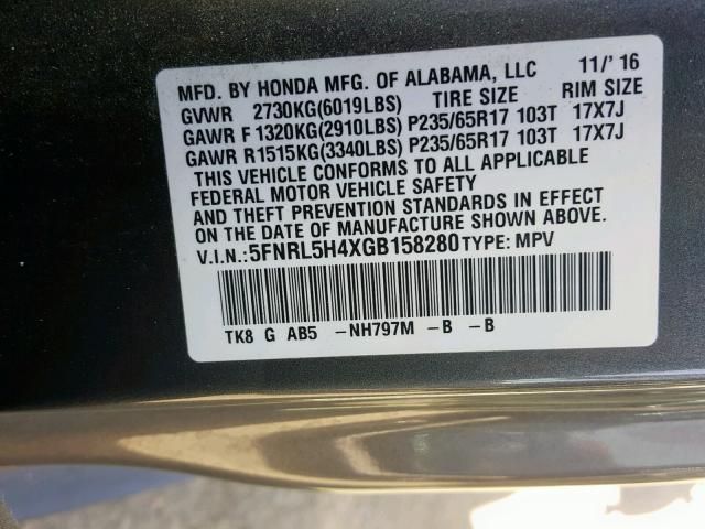 5FNRL5H4XGB158280 - 2016 HONDA ODYSSEY EX  photo 10