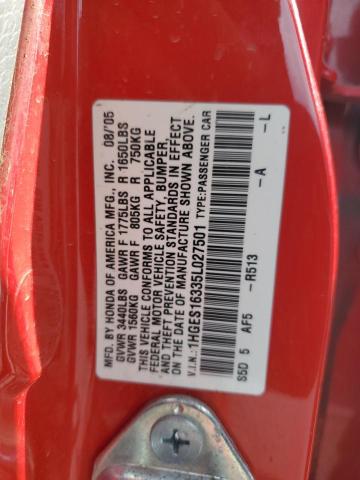 1HGES16335L027501 - 2005 HONDA CIVIC DX VP RED photo 12