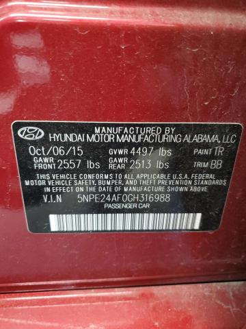 5NPE24AF0GH316988 - 2016 HYUNDAI SONATA SE RED photo 12