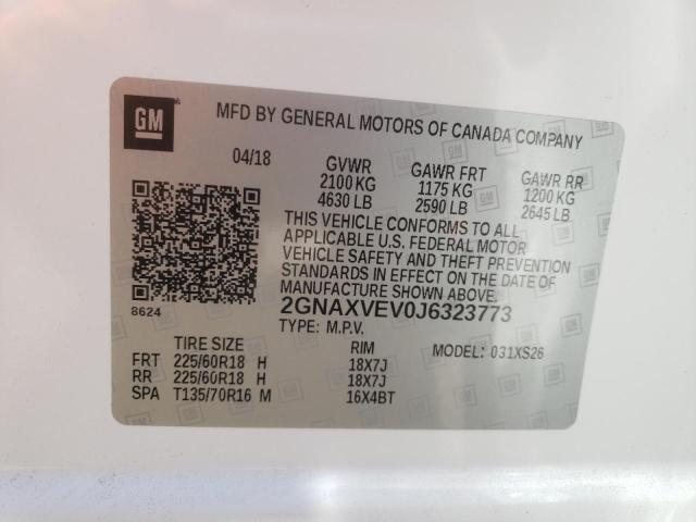 2GNAXVEV0J6323773 - 2018 CHEVROLET EQUINOX PREMIER WHITE photo 10