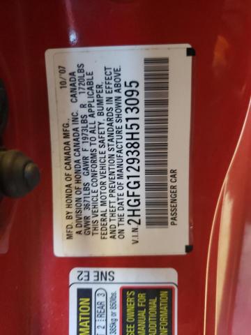 2HGFG12938H513095 - 2008 HONDA CIVIC EXL 红色 照片 12