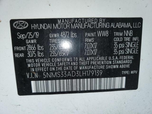 5NMS33AD3LH179139 - 2020 HYUNDAI SANTA FE SEL WHITE photo 13