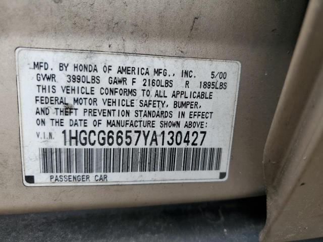 1HGCG6657YA130427 - 2000 HONDA ACCORD LX GOLD photo 12