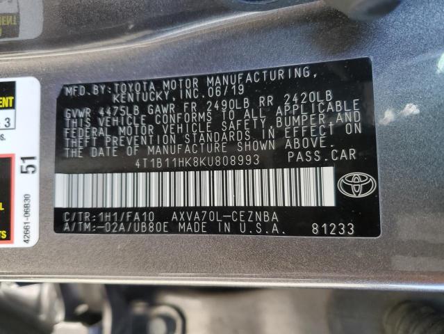 4T1B11HK8KU808993 - 2019 TOYOTA CAMRY L GRAY photo 12