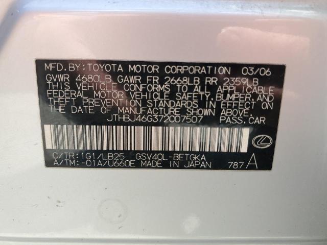 JTHBJ46G372007507 - 2007 LEXUS ES 350 SILVER photo 12