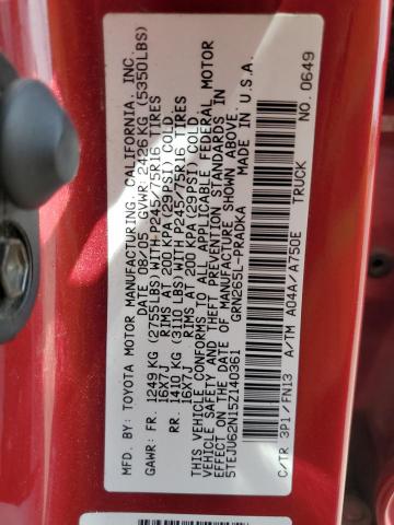 5TEJU62N15Z140361 - 2005 TOYOTA TACOMA DOUBLE CAB PRERUNNER RED photo 12