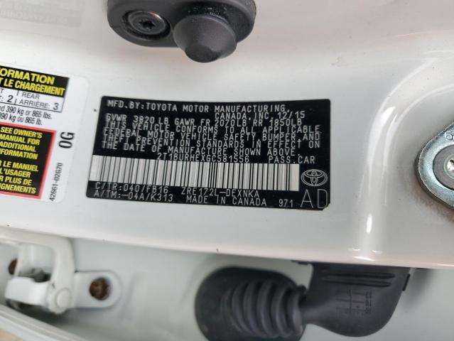 2T1BURHEXGC581556 - 2016 TOYOTA COROLLA L WHITE photo 13