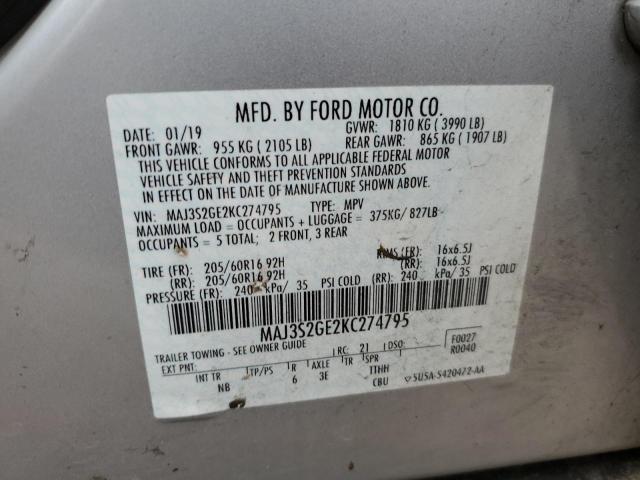 MAJ3S2GE2KC274795 - 2019 FORD ECOSPORT SE Argent photo 12