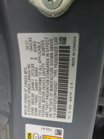 2HGFE2F52NH529027 - 2022 HONDA CIVIC SPORT ტურკოუსი ფოტო 12