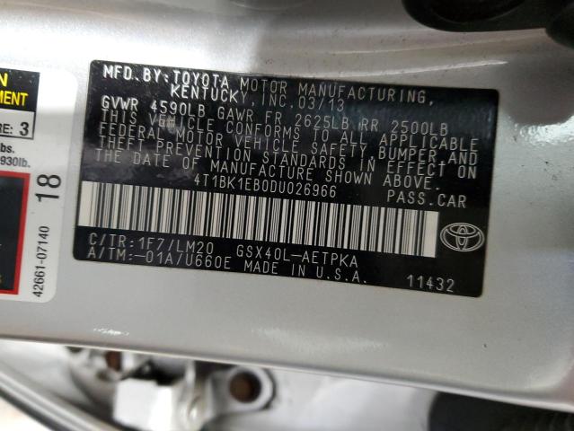 4T1BK1EB0DU026966 - 2013 TOYOTA AVALON BASE SILVER photo 12