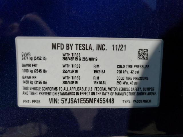 5YJSA1E55MF455448 - 2021 TESLA MODEL S Կապույտ լուսանկար 13