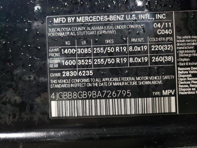 4JGBB8GB9BA726795 - 2011 MERCEDES-BENZ ML 350 4MATIC BLACK photo 12