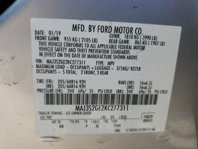 MAJ3S2GE2KC277311 - 2019 FORD ECOSPORT SE ვერცხლისფერი ფოტო 13