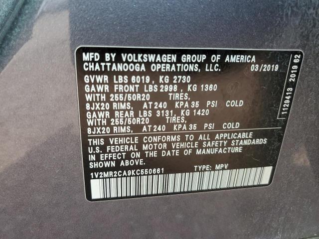 1V2MR2CA9KC550661 - 2019 VOLKSWAGEN ATLAS SEL GRAY photo 13