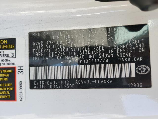 4T4BE46K19R113778 - 2009 TOYOTA CAMRY BASE თეთრი ფოტო 13