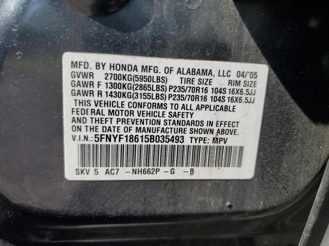 5FNYF18615B035493 - 2005 HONDA PILOT EXL GRAY photo 12