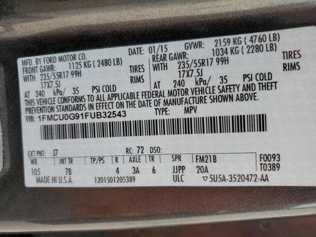 1FMCU0G91FUB32543 - 2015 FORD ESCAPE SE GRAY photo 13