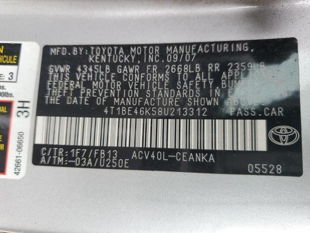 4T1BE46K58U213312 - 2008 TOYOTA CAMRY CE SILVER photo 13