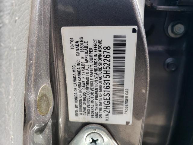 2HGES16315H522678 - 2005 HONDA CIVIC DX VP GRAY photo 13