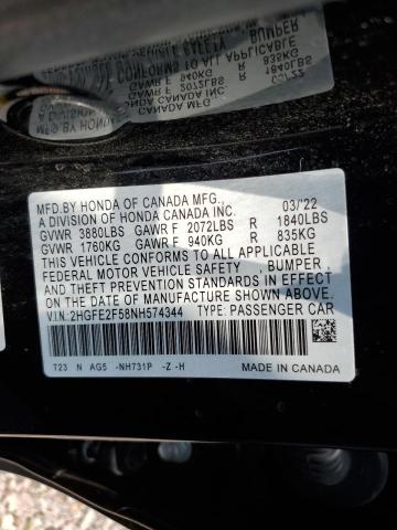 2HGFE2F58NH574344 - 2022 HONDA CIVIC SPORT BLACK photo 12