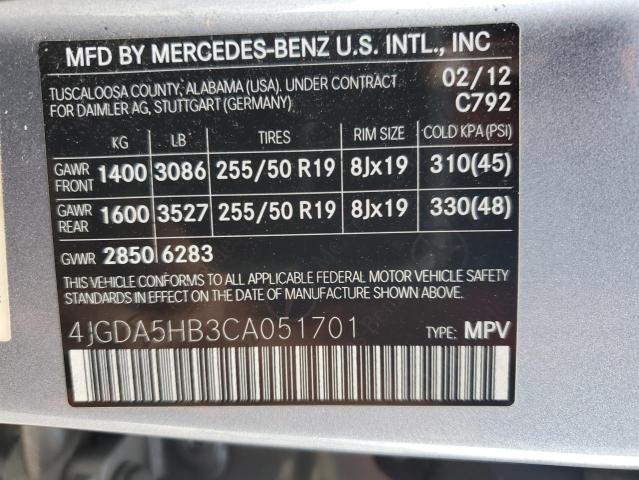 4JGDA5HB3CA051701 - 2012 MERCEDES-BENZ ML 350 4MATIC GRAY photo 13