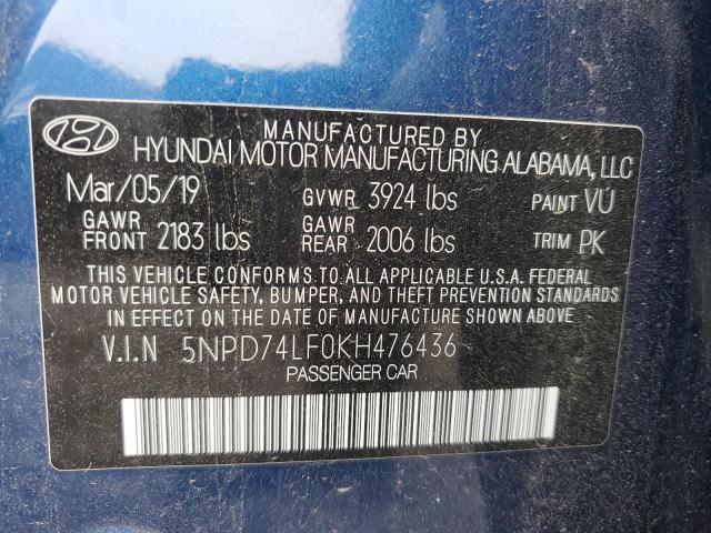 5NPD74LF0KH476436 - 2019 HYUNDAI ELANTRA SE BLUE photo 12